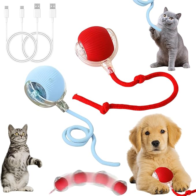 BoBow 2pcs Interactive Dog Toys, Interactive Rolling Ball, Moving Cat Balls, 360° Smart Automatic Rolling Pet Ball Toys Balls for Bored Indoor Cats/Dogs(Red&Blue)