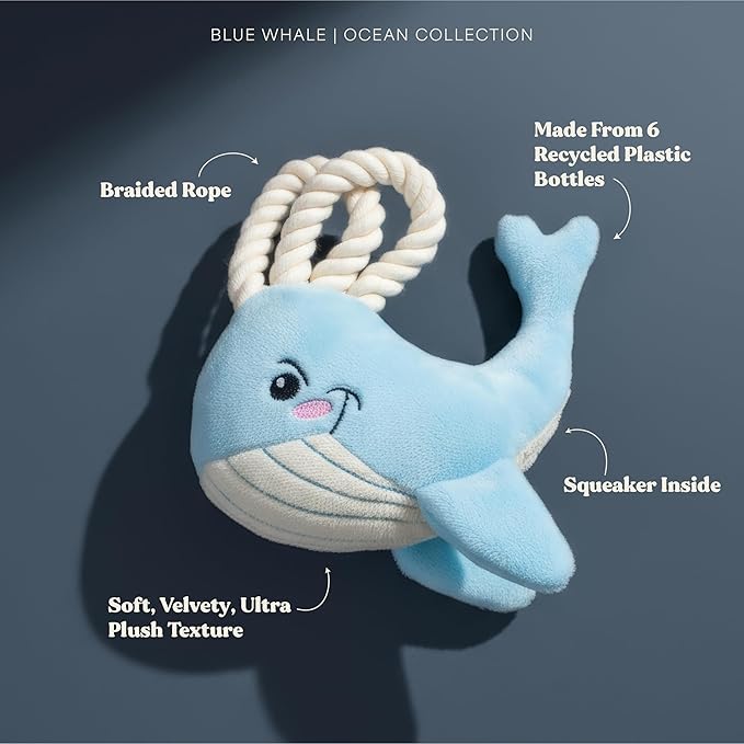 Dog Toys | Plush Whale Stuffed Animal with Rope for Large Dogs | Eco Friendly Jumbo Dog Toy