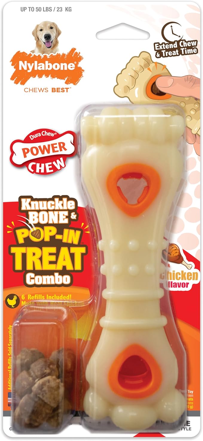 Nylabone Power Chew Knuckle Bone Pop-In Treat Toy for Dogs, Interactive Treat Dispensing Dog Chew Toys to Keep Them Busy, Slow Feeder, Long Lasting Chicken Flavor, Large Dogs - Up to 50 lbs