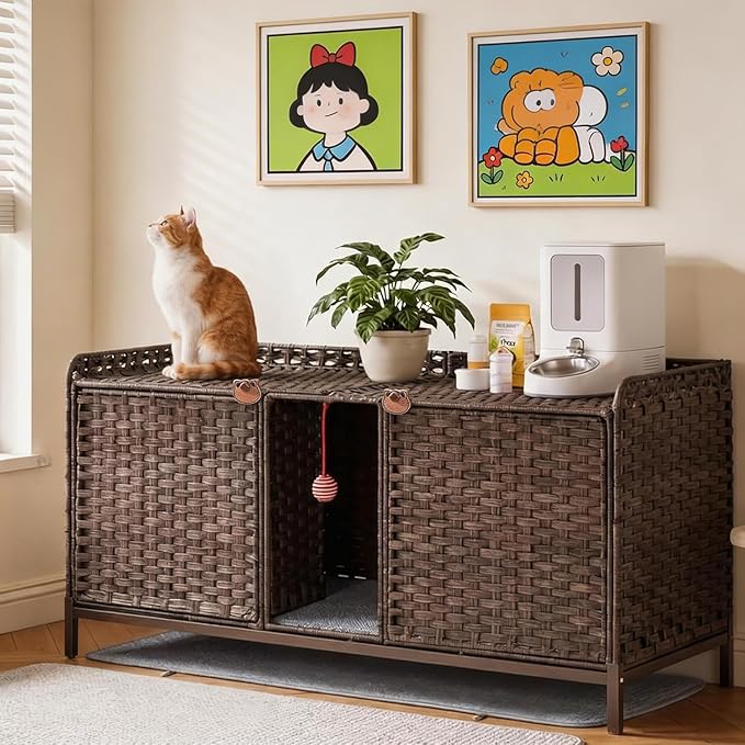 Garvee Cat Litter Box Enclosure Furniture, Handwoven Rattan Cat Houses, Hidden Cat Washroom Furniture with Door/Mat, Large Space Cat Houses with s-Shaped Hooks, Living Room, Bedroom, Brown