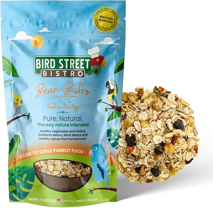 Bird Street Bistro Parrot Food - Parakeet & Cockatiel Food - Cooks in 3-15 min w/Natural Whole Grains, Legumes, Non-GMO Fruits, Vegetables & Health-Oriented Spices
