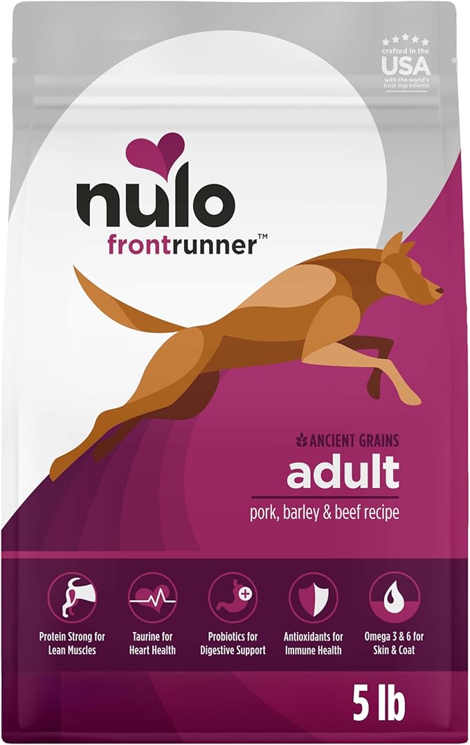 Nulo Frontrunner Dry Dog Food - Adult High-Protein Pork, Barley & Beef Recipe, Natural Kibble with Ancient Grains, Probiotics, Taurine, Omega 3 for Small, Medium and Large Breeds, 5lb Bag