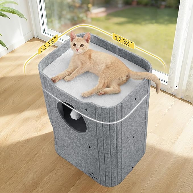 ABCPET Cat House for Indoor Cats, Cat Condo Cat Bed Cave, Felt Cats Hideaway Condo with Resistant Scratching Freedom Kitten Cube & Hanging Ball, Gray