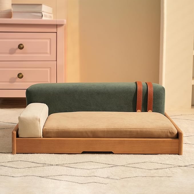 GDFStudio 24.8" Modern Wooden Pet Bed for Cats and Dogs, Oak Veneer Frame with Washable Cushion, Scratch-Resistant Fabric, Elevated Pet Sofa Bed with Non-Slip Feet and Hanging Toy for Indoor Pets