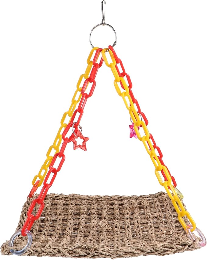 Mikikit Parrot Chewing Toy Swing Hammock for Birds Natural Straw Rope Bird Cage Accessory Climbing Play Bed for Parakeets Lovebirds and Cockatiels Space-Saving Design