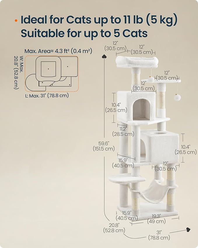 SONGMICS HOME Cat Tree for Indoor Cats, Multi-Level Cat Tower with Sisal Scratching Posts, Hammock and Condo, White