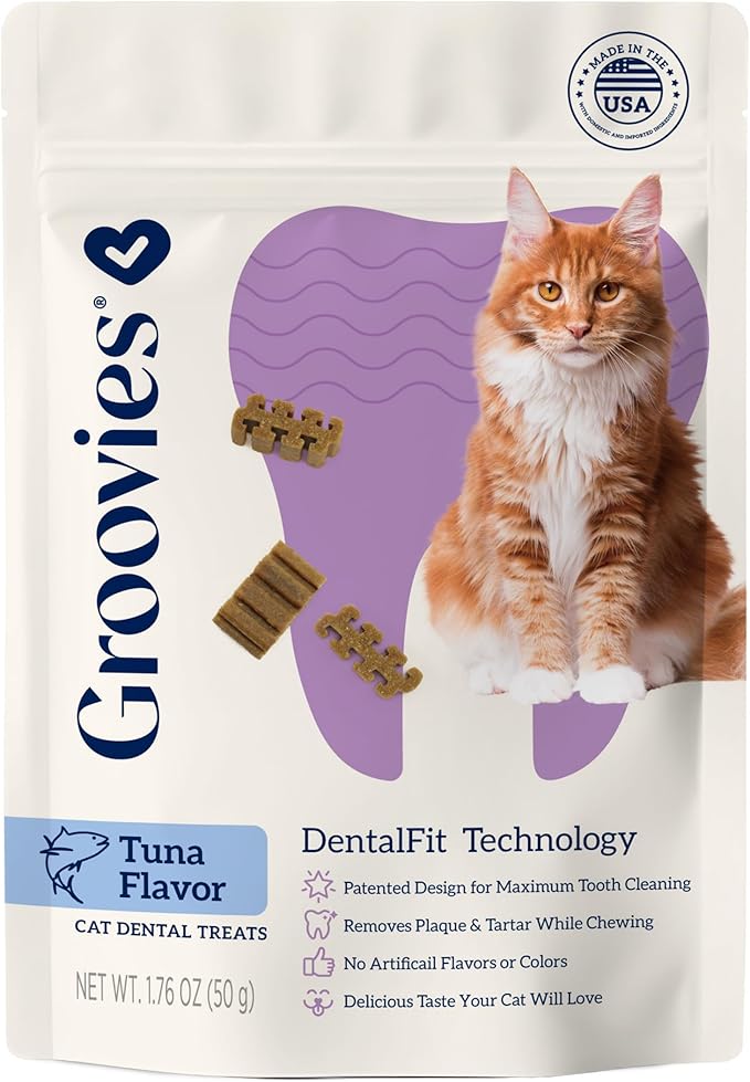 Groovies Cat Daily Dental Treats. Tasty, Crunchy Bites Cats Love. Tuna Flavor. Powered by USA-Patented DentalFit Technology. No Added Gluten, No Artificial Flavors or Colors. 1.76oz (115 Treats)