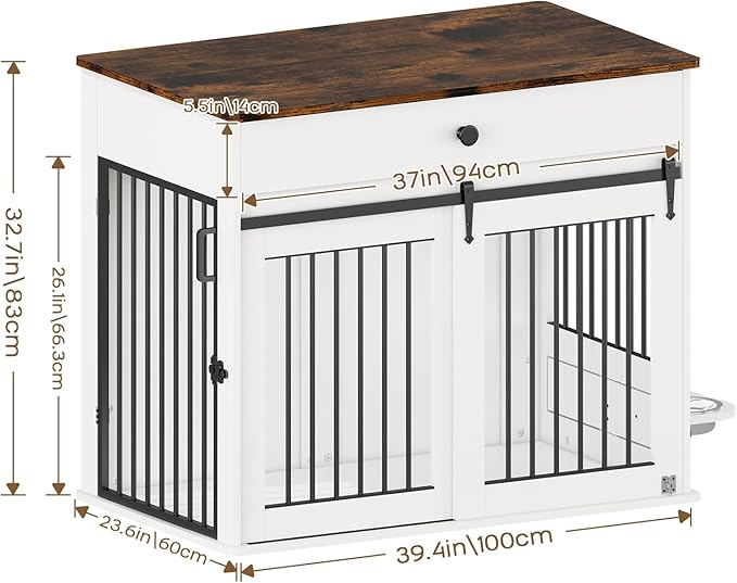 Large Dog Crate Furniture with Sliding Door & 360° Spinning Bowls | Durable Modern End Table for Medium & Large Dogs for Pet Owners (40-inch)