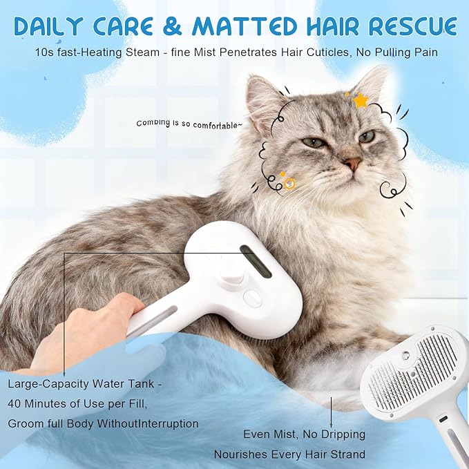 2026 Fresh Fur Shower Brush, 3 in 1 Pet Steam Brush, Spray Hair Removal Comb for Cats ＆ Dogs - Deshedding＆ Grooming (White)