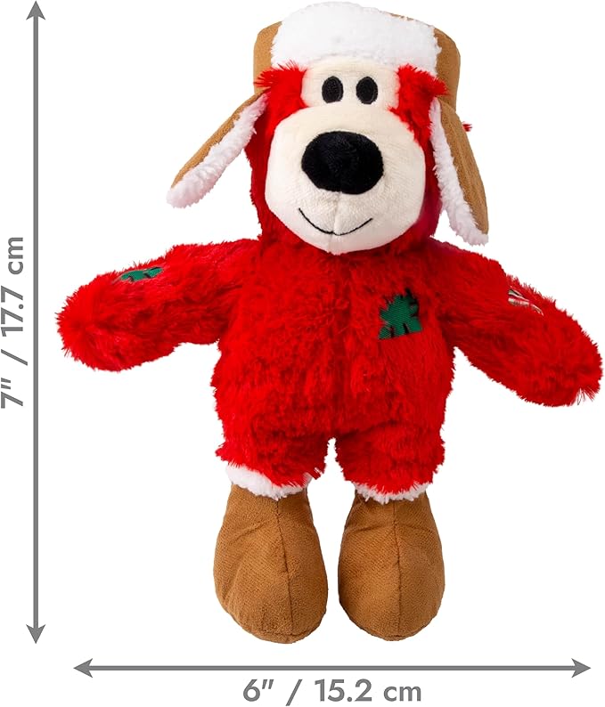 KONG Christmas Holiday Wild Knots Bear Dog Toy – Durable Rope Skeleton, Squeaker for Long-Lasting Play, Less Stuffing for Less Mess, Assorted Colors (1 Pack, Small/Medium)