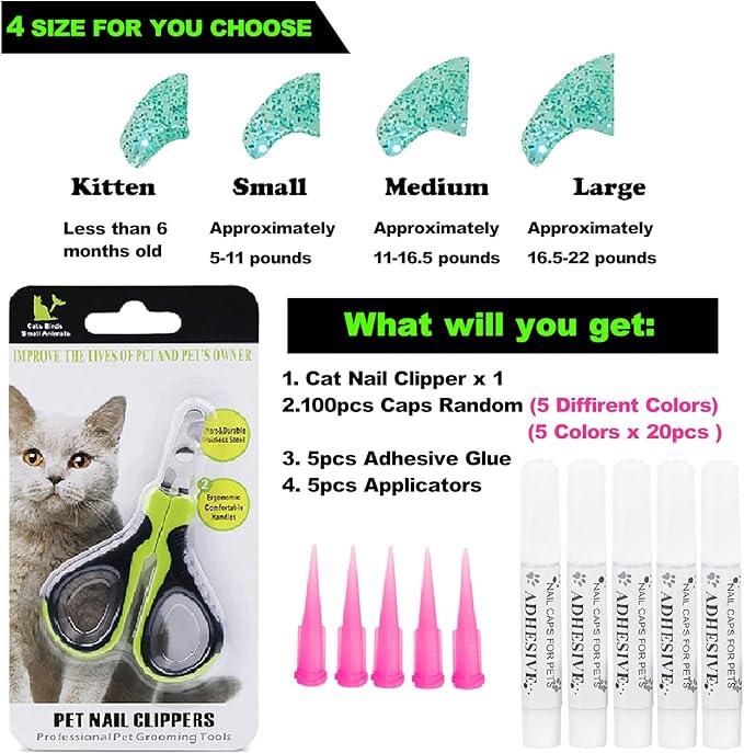 VICTHY 100pcs Cat Nail Caps with Clipper Set, Cat Nail Clipper + Nail Covers with Adhesive and Applicators Size Medium (5 COLORS)