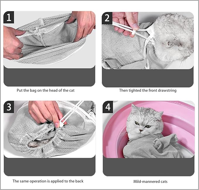 Adjustable Multifunctional Anti-Bite Shower Net, Cat Grooming Mesh Bag, Bath Brush and Pet Finger Toothbrush - B-Grey