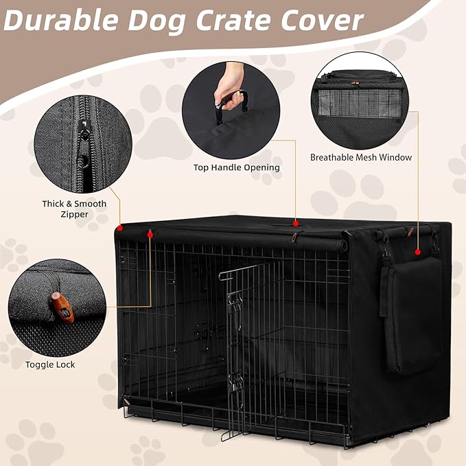Dog Crate Cover for Anxiety,Water-Resistant,Windproof & Sun Resistant 600D Oxford Kennel Cover with Storage Bag,Calming Indoor Outdoor Pet Crate Cover for 42 Inch Wire Crates,Machine Washable,Black