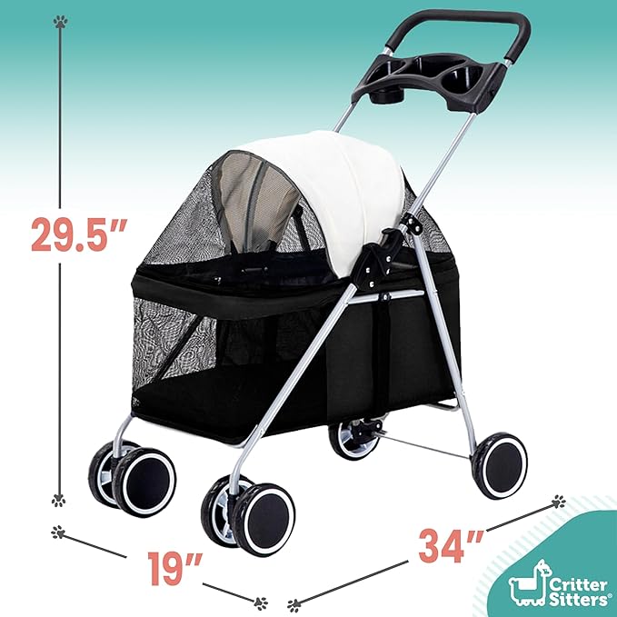 Critter Sitters Pet Stroller, Single Carriage Carrier for Animals up to 33 Pounds, 4-Wheel, Travel, Hiking & Transportation for Cats, Small Dogs, Rabbits, Black