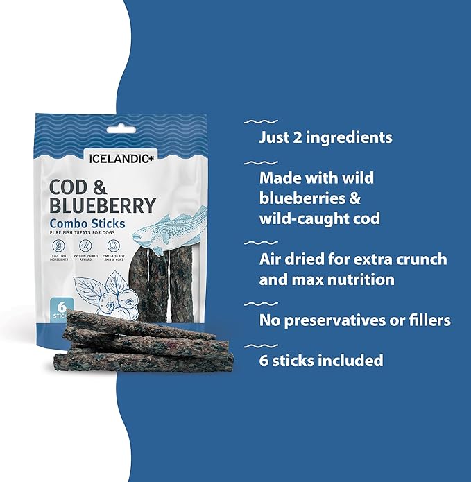 Icelandic+ Combo Sticks: Cod & Blueberry - 2oz - Dog Treats, Crunchy 2 Ingredient Pet Snacks, Preservative Free, Wild Caught Fish, Slow Baked, Natural