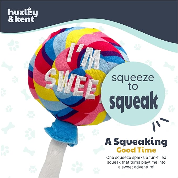 Huxley & Kent Funny Dog Toy w/Squeaker – Power Plush Squeaky Dog Toys for Small, Medium & Large Dogs – Soft Stuffed Animal for Indoor Play & Fetch - I'm Sweet Lollipop, Small