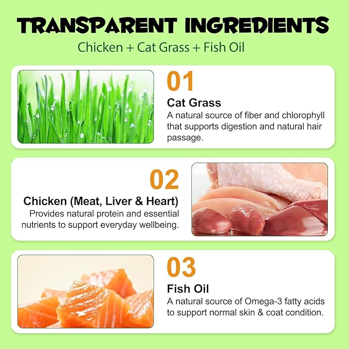Freeze-Dried Cat Grass Pellets, High Protein 60% for Hairball Control & Digestive Health, Grain-Free Cat Supplements with Chicken & Fish Oil, Crunchy Bites for Cats 3+ Months