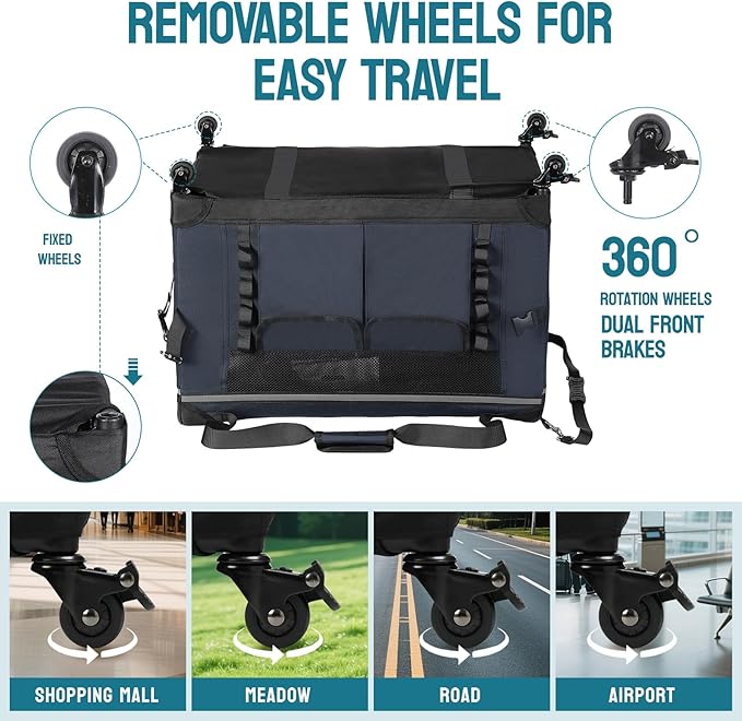 PEGIC 24-inch Foldable Cat Carrier with Removable Wheels – Large Pet Travel Carrier for Cats & Small Dogs, Breathable & Sturdy for Car Rides (Holds up to 44lbs)