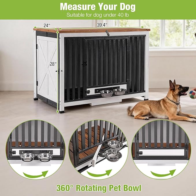 GUTINNEEN Expandable Foldable Dog Crate Furniture with 360° Rotating Bowls, Large Solid Wood Dog Crate End Table, Chew-Resistant Frame, Connectable Design for Larger Space, 39.4" L (Right Crate)
