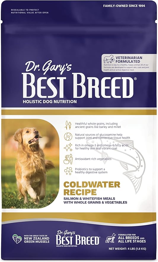 Dr. Gary's Best Breed Coldwater Recipe Slow-Cooked in USA, Natural Dry Dog Food for All Breeds and Sizes, 4lbs