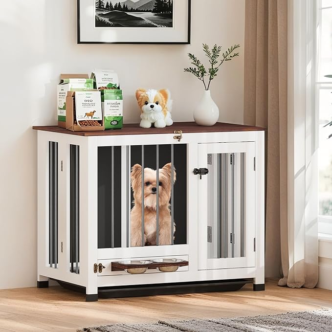 Dog Crate - 31.5" Wooden Dog Kennel Furniture with 360° Rotating Feeder & Removable Tray | Multi-Functional End Table for Medium & Small Dogs, White Dog Cage Indoor, Portable Pet Furniture