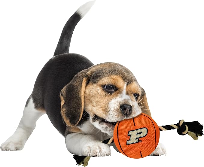 NCAA Purdue Boilermakers Basketball Rope Toy for Dogs & Cats. Tough Nylon, Sporty Basketball Design, Heavy-Duty Ropes with Inner Squeaker