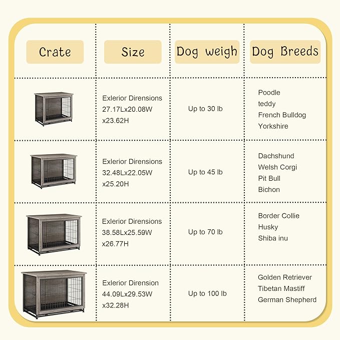 JY QAQA Dog Crate Furniture, Wooden Dogs Crate Table, Double-Doors Dog Furniture, Indoor Dog Kennel, Dog House, Dog Cage/Grey/L