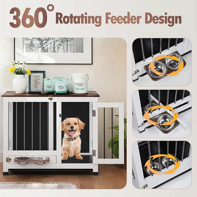Dog Crate - 31.5" Wooden Dog Kennel Furniture with 360° Rotating Feeder & Removable Tray | Multi-Functional End Table for Medium & Small Dogs, White Dog Cage Indoor, Portable Pet Furniture