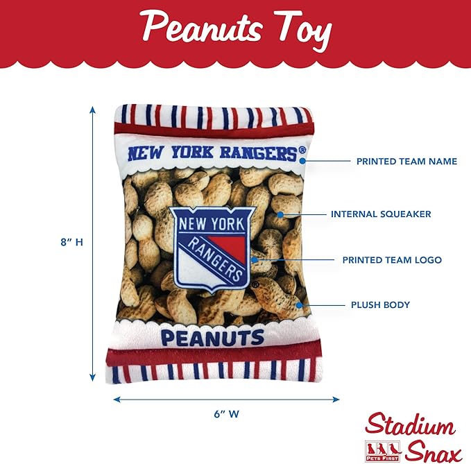 Pets First NHL New York Rangers Crinkle Fine Plush Dog & Cat Squeak Toy - Cutest Stadium Peanuts Snack Plush Toy for Dogs & Cats with Inner Squeaker and Beautiful Hockey Team Name/Logo