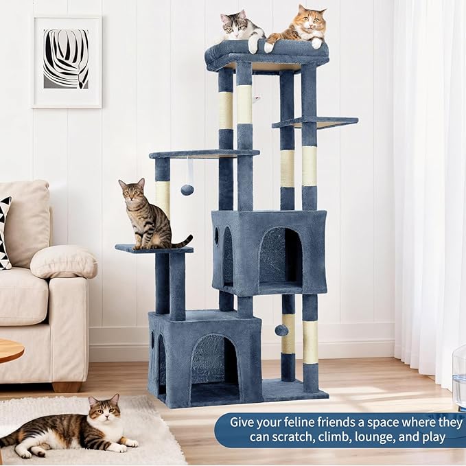 61.4 Inch Cat Tree, Large Cat Tower with Sisal Scratching Posts, 2 Spacious Cat Beds, Hanging Ball & Top Perch, Ideal for Large Indoor Adult Cats, Light Blue