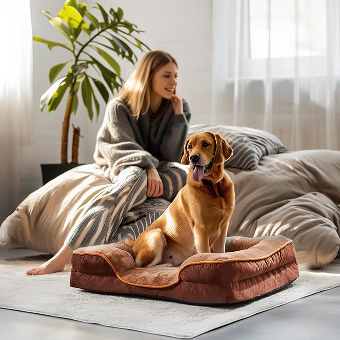 DUMOS Orthopedic Dog Beds for XL Large Sized Dogs, 42x32 in Machine Washable Cover Pet Bed, Anti-Slip Waterproof Memory Foam Couch Bed for Indoor Dogs and Cats, Brown