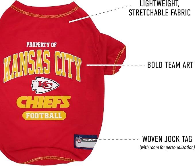 NFL Kansas City Chiefs Dog T-Shirt for Pets, Size Small. Officially Licensed Pet Shirt with Team Logo, Soft Stretchable Comfort Fit Apparel for Dogs & Cats