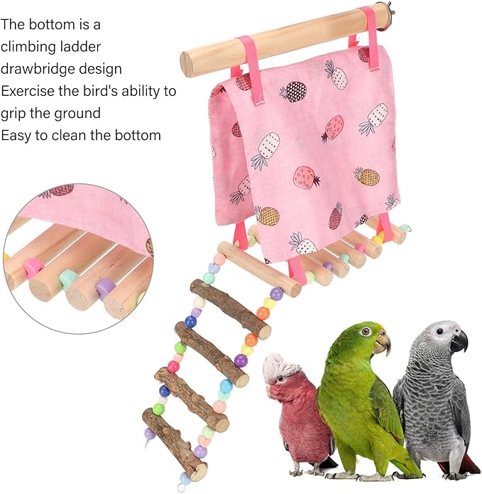 Bird Hut Hammock Tent with Ladder, Vibrant Color Open Front and Back, and Non Cloth Material, Climbing Ladder Toy for Parrots and Small Pets, Bird Cage Accessories