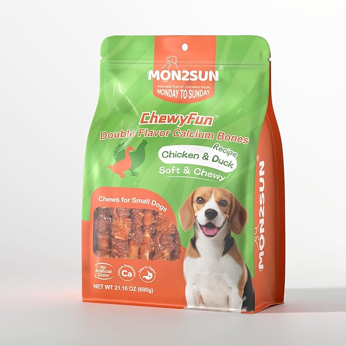 MON2SUN Double Flavor Dog Treats, 4 Inch Chicken and Duck Wrapped Calcium Bones, Rawhide Free Chews for Small Dogs, Teeth Cleaning Bones, 21.16oz (30 Count-Pack of 1)