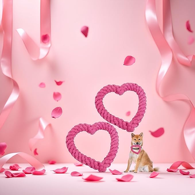 2Pcs Pink Cute Dog/Cat Chew Toys, Dog Toys for Chewers, Heavy Duty Dental Dog Rope Toy for Dogs, Creative Love Heart Shaped Interactive, Girl Puppy