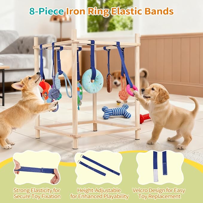 Wooden Puppy Play Gym for Small Dogs, Puppy Jungle Gym with 8 Hanging Toys, Wood Frame Indoor Puppy Gym with Dog Enrichment Toys for Puppies and Small Pets