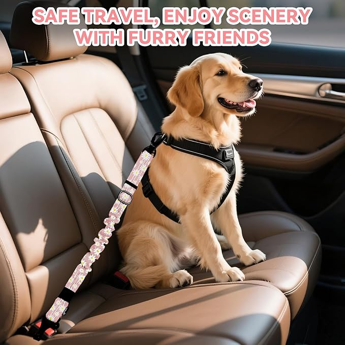 Pawaboo Dog Car Seat Belt– Reflective & Adjustable Dogs Cars Harness Leash with 360° Lockable Buckle, Shockproof Dogs Tether Bungee for Safe Travel, Light Pink Flowers
