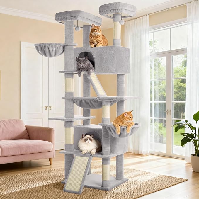 ABCPET Cat Tree 82 in Multi-Level Cat Tower for Indoor Cats, Heavy Duty Large Cat Tree with Sisal Scratching Posts, Hammock, 2 Perches, 2 Condos, 2 Hanging Baskets, Light Grey
