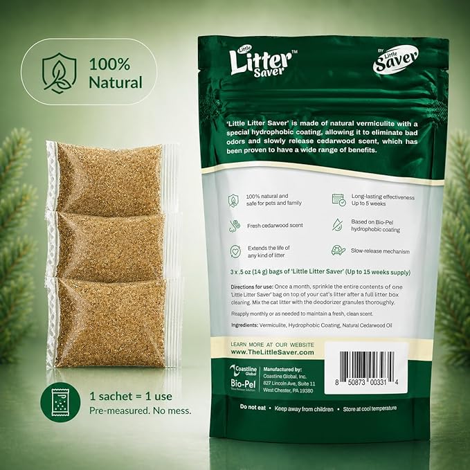 Little Litter Saver | a New Generation Of Cat Litter Box Deodorizer | Unique Formula for Slow Release | Natural Fresh Scent | Up to 15 Weeks Supply | 3 x 0.5oz bags (Cedar)