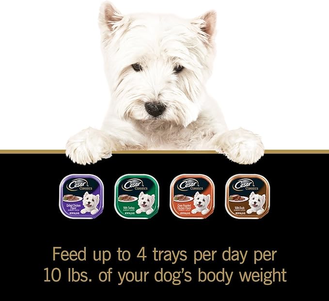 Cesar Classic Loaf in Sauce Adult Wet Dog Food with Duck, Oven Roasted Chicken, Grilled Chicken, and Turkey Recipes, 3.5 oz. Easy Peel Trays, Variety Pack (24 Count, Pack of 1)