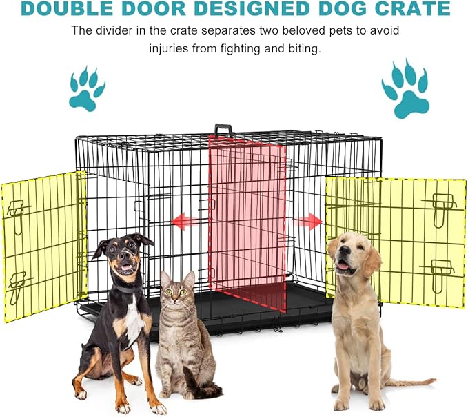Large Double-Door Dog Crate Dog Cage Dog Kennel Metal Wire Folding Pet Animal Pet Cage With Handle Tray And Divider Keeps Pet Cool, Warm, Dry, Comfortable, Metal Welded Dog Kennel Metal Wire Cage, 42"