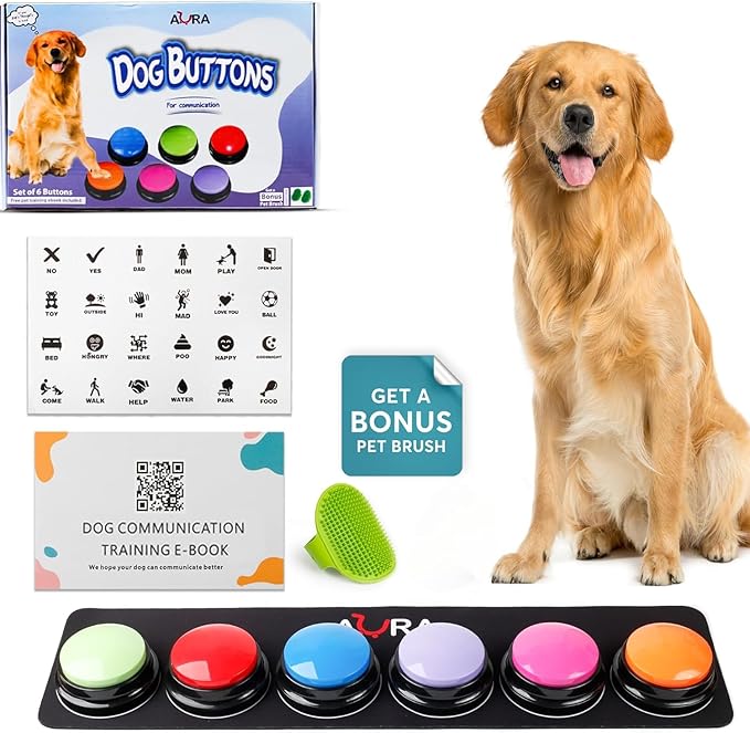 A-URA Dog Talking Buttons for Communication – 8 Recordable Dog Buttons with Anti-Slip Mat, Word Stickers, Training Guide & Video | Dog Communication Buttons for Potty Training, Daily Needs & Behavior