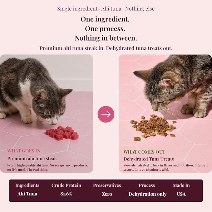 Mugzy's Barkery Handmade Cat Treats, Dehydrated Ahi Tuna, Single Ingredient, 81% Protein, Wheat Free, Corn Free, Gluten Free, Soy Free, No Additives, No Junk, 100% Ahi Tuna, 2oz