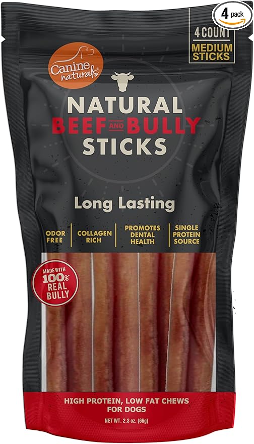 Canine Naturals | Natural Beef & Bully Sticks | Long-Lasting, Odor Free, High Protein Chews Made with 100% Real Bully | 4 Count Medium Sticks