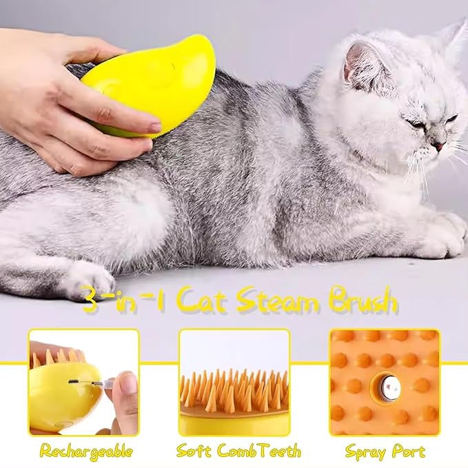 Steamy Cat Brush - 3-in-1 Self-Cleaning Grooming Tool for Cats and Dogs, Cat Steamer Brush for Massage - Removes Tangled And Loose Hair