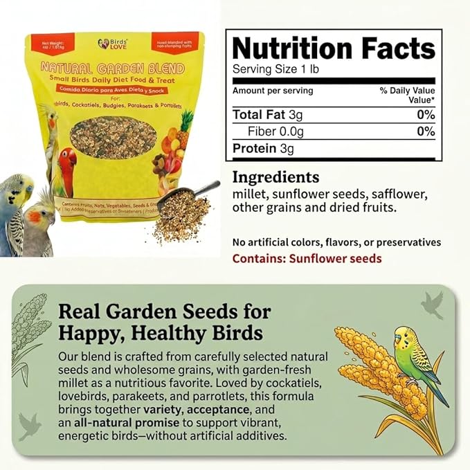 Birds LOVE All Natural Garden Blend Bird Food for Small Birds - Lovebirds, Cockatiels, Parakeets and Parrotlets 4lb