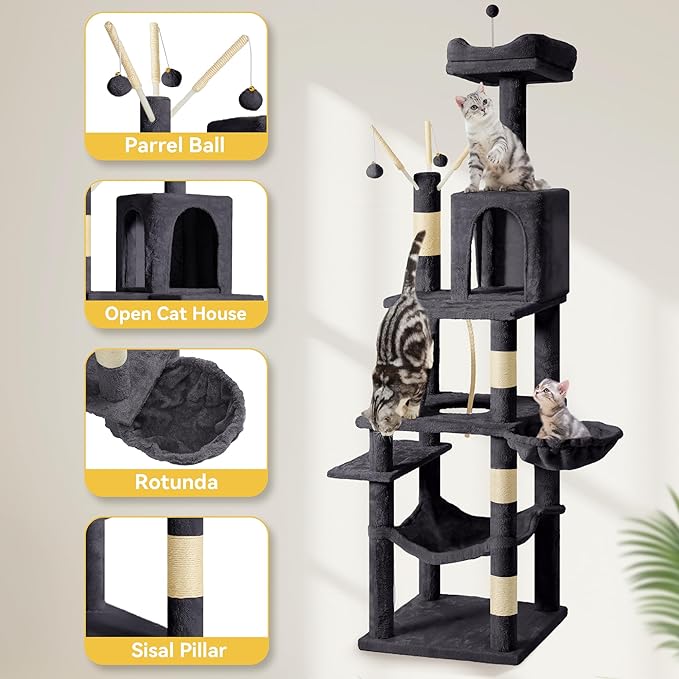 DWVO 64.5 Inch Tall Cat Tree, Multi-Tier Cat Condo with Hammock, Scratching Posts & Play Balls for 2-3 Cats (Dark Gray)