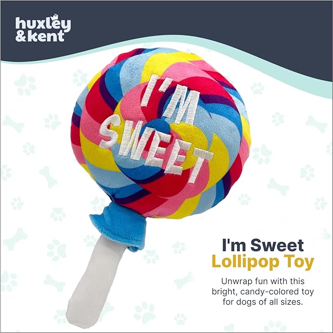 Huxley & Kent Funny Dog Toy w/Squeaker – Power Plush Squeaky Dog Toys for Small, Medium & Large Dogs – Soft Stuffed Animal for Indoor Play & Fetch - I'm Sweet Lollipop, Small