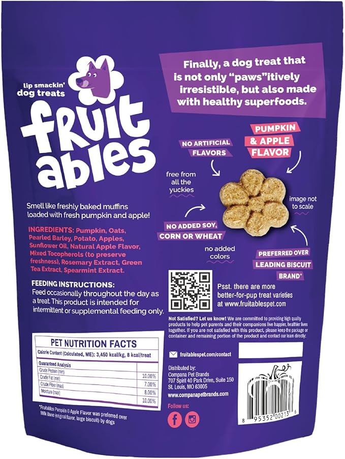 Fruitables Baked Dog Treats, Healthy Pumpkin Treat for Dogs, Low Calorie & Delicious, No Wheat, Corn or Soy, Made in the USA, Pumpkin and Apple Flavor, 7oz
