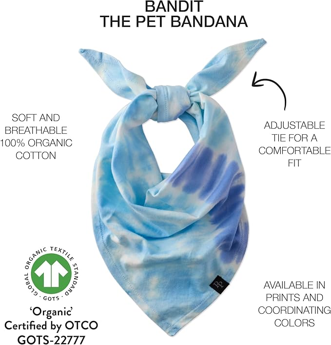 Pet Passion Bandit - THE PET Bandana 100% Organic Cotton Pet Bandanas Clothes for Small, Medium, Large Dogs, Blue Tie Dye, Medium/XL